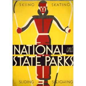   1930 poster National and state parks, skiing, skating,