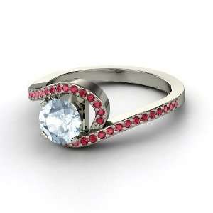  Wave Ring, Round Aquamarine Platinum Ring with Ruby 