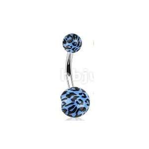    Steel Navel Ring with Blue Leopard Print Acrylic Balls Jewelry