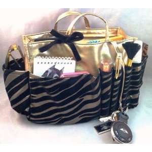 Jolie Large Bronze/Black Flock and Gold Pleather Travel Cosmetic Make 