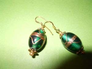 Artisan Hand Crafted Emerald Venetian Glass Oval Bead Earrings  