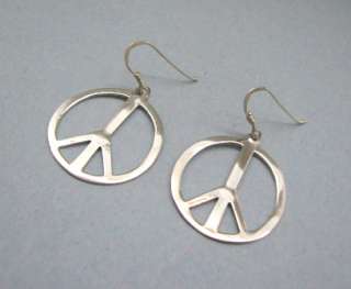 Sterling Silver 1 Round Peace Sign Dangle Earrings  