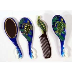  Handpainted Green Sea Turtle Hair Brush Mirror Comb Set 