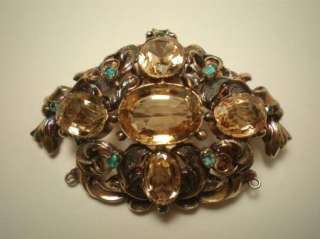   Victorian c.1840 English 9K Gold Golden Topaz & Emerald Pendant / Pin