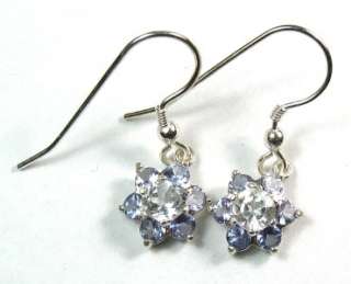 Solid Sterling Silver Earrings 1.5ct White Topaz 5mm Round w/Tanzanite