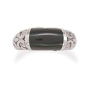 Black Onyx Rectangle Ring With Scroll Design Side Available in Sizes 6 