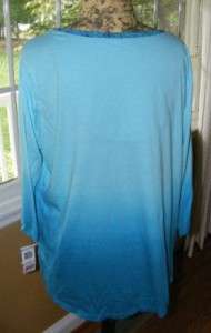 Style & Co Woman Cotton Dip Dyed Ombre 3/4 Sleeved Shirt Blue Plus 