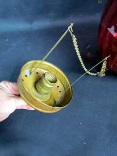 Antique Victorian Cranberry Hanging Hall Oil Lamp  