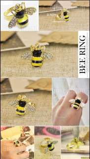 Fashion Cute Lovely Rhinestone Yellow Bee Size Adjustable Ring  