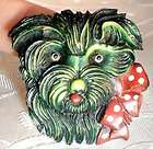 GORGEOUS VINTAGE DOG WITH RIBBON HANDPAINTED BAKELITE BROOCH.C 1930s 