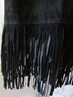 Ruby Cho Black Leather Suede Double Fringe Skirt 12 L  