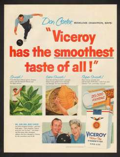 1957 Don Carter Bowl Champ Viceroy Cigarette Print Ad  
