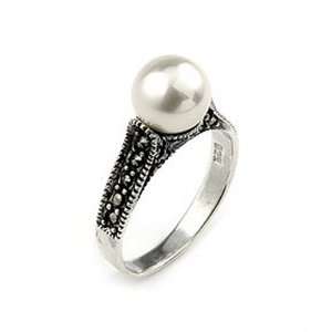    Synthetic Pearl And Marcasite Sterling Silver Ring, Size 8 Jewelry