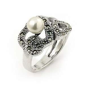  Marcasite And Pearl 2 Heart Ring, Size 6 Jewelry