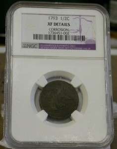 NGC XF DETAILS 1793  FLOWING HAIR  HALF CENT ID#S304  