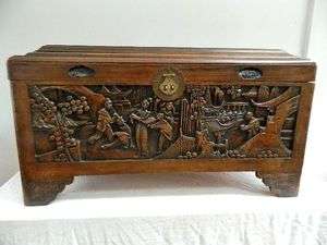 Antique Asian Carved Camphor Wood Blanket Chest w/Dove Tail Corners 