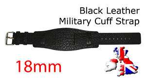 Heavy Black Leather Military Cuff Watch Strap 18mm  