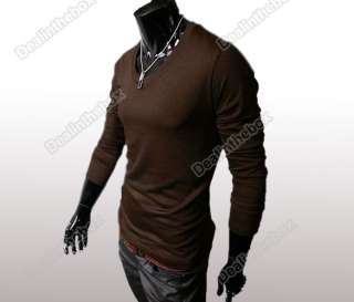 Men’s Solid Color Causal Tight Basic Tee Long Sleeve T Shirt V neck 