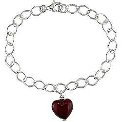 Silver Murano Glass Red Heart Charm Bracelet  