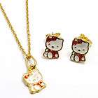  Kitty Gold 18k GF Necklace Pendant Earrings Baby Girl Kids Red Enamel