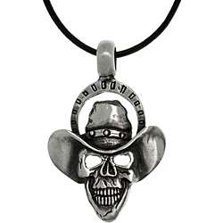 Pewter Skull Cowboy Black Leather Cord Necklace  