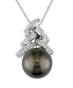 14k White Gold Cultured Black Pearl Diamond Pendant  