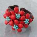 Turquoise and Red Coral Floral Cuff Bracelet (Thailand) Was 