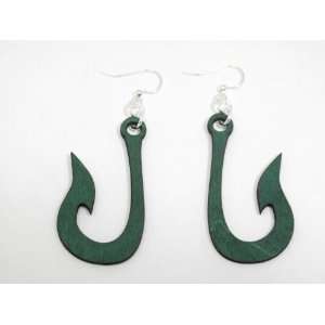  Kelly Green Fishing Hook Wooden Earrings GTJ Jewelry