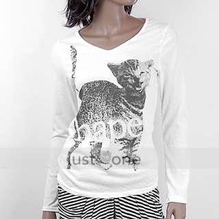 Fashion Women Ladies Long Sleeve Cat V Neck Casual T shirt Girls Top 