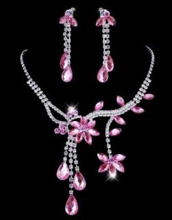 Free Charm Pink Rhinestone Necklace Earring set 26972  