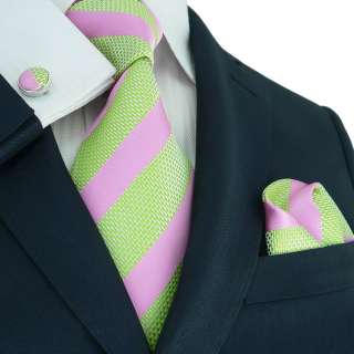 Landisun 73F Light Green Pink Stripes Mens Silk Tie Set Tie+Hanky 