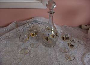   Bohemian 6 Pc Crystal Wine Decanter Art Glass Pansys Bees Romania