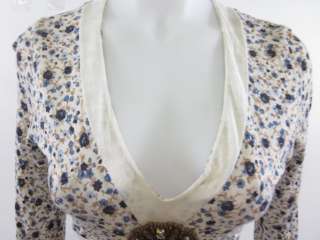Cream Blue Floral Print V Neck Dress Sz 2  