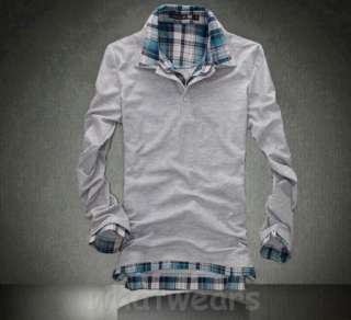   Mens Casual Plaid Shirt Collar T shirt Sweatshirt Black Z1229  