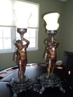 Bronze Lamp Statue of Boy Holding Torch Set of 2  