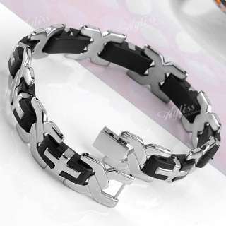 Black Rubber Stainless Steel Cross Bracelet Bangle Link Chain Mens 