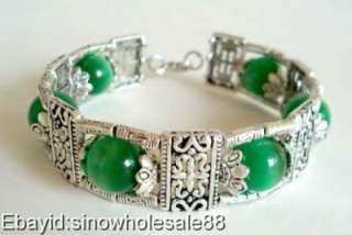 Genuine tibet silver nature green jade bracelet 7.5  