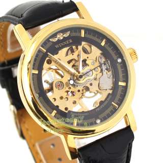 NEW Gold Skeleton Dial w/ Crystal Mechancial Wrist Watch Mens Brand 