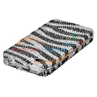 Black Zebra Diamond Case+Earphone+Privacy Guard For iPhone 4 s 4s 4th 