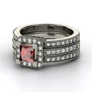 Va Voom Ring, Princess Red Garnet 14K White Gold Ring with Diamond