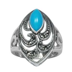  Sterling Silver Oxidized Synthetic Turquoise and Marcasite 
