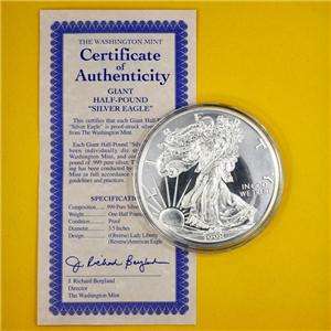   MINT GIANT HALF POUND 999 PURE SILVER EAGLE COIN CERTIFICATE  