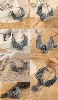 Retro Vintage Angel Wings Skull Skeleton Head Pendant Necklace  