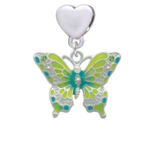 Large Lime Green & Blue Butterfly European Heart Charm Dangle Bead 