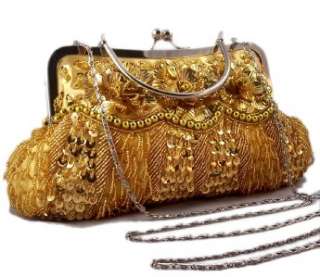 GOLD SATIN SEQUIN SEED BEAD BEADED EVENING BAG PARTY CLUTCH PURSE w 