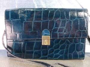   Blue Faux Alligator Lock Brief Case Style Clutch Shoulder Purse  