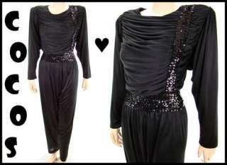  Glam Black Jersey Ruched Sequin Long Sleeve Party Jumpsuit L  