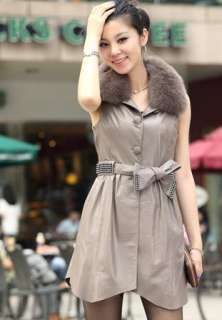 Womens NEW Fashionable Fox Hair Lapel Long Sheepskin Vest with Belt M 