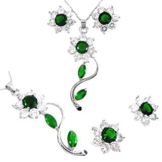 NECKLACE & EARRING SET SIMULATED EMERALD & DIAMONDS 18KGP GOLD  