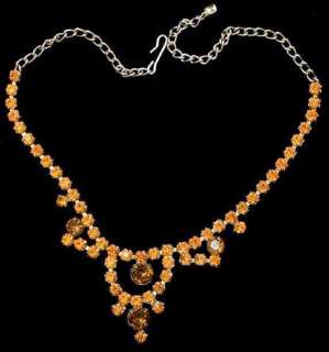   Vintage Prong Set Orange & Topaz Rhinestone Gold Tone Necklace  